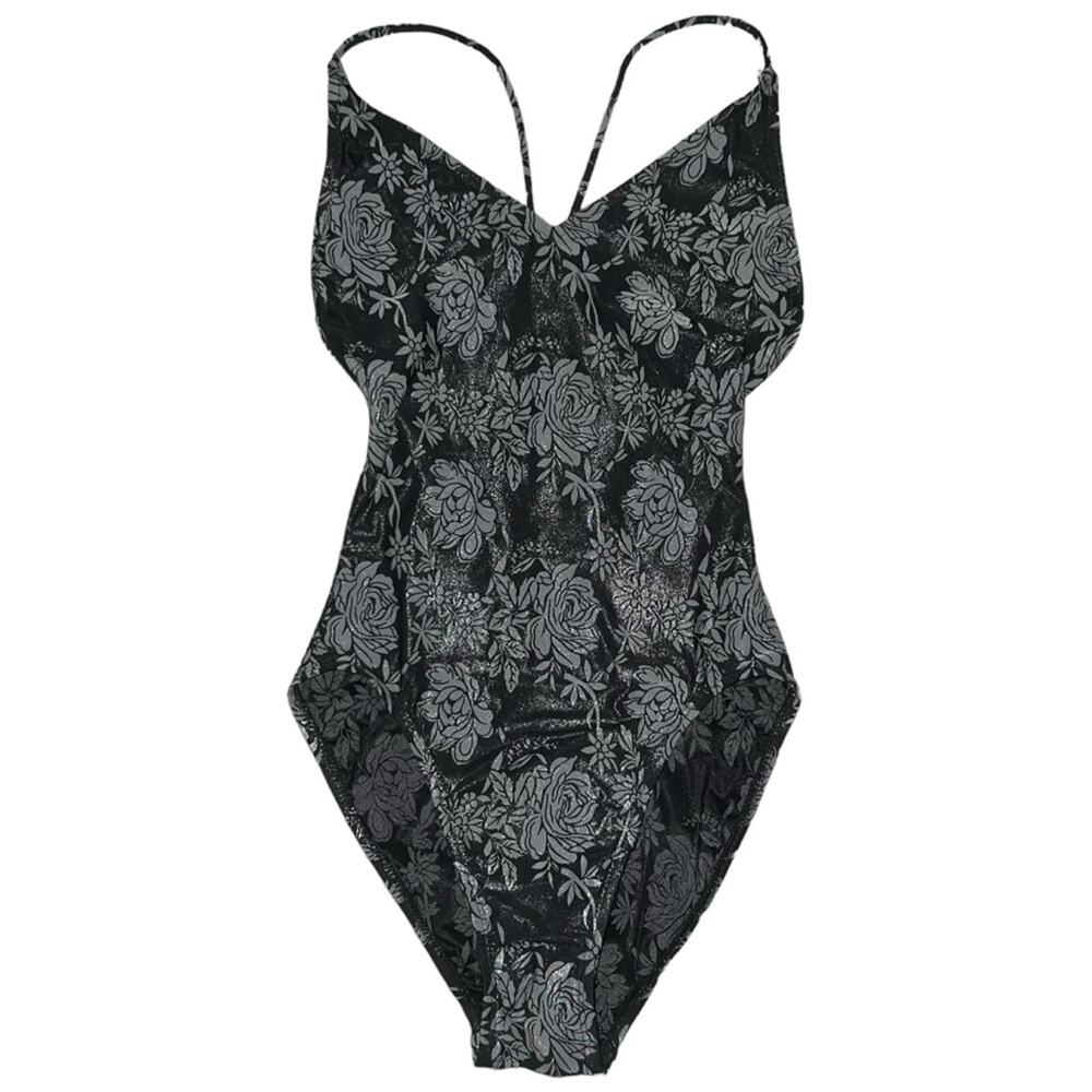VTG AUTH Christian Dior Black Low Back High Cut Floral Print One Piece Swimsuit
